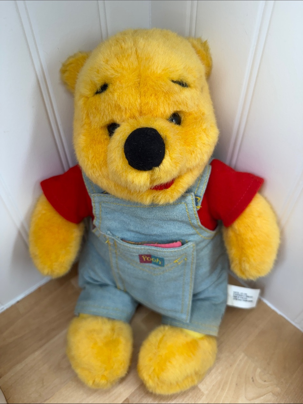 Disney Winnie the Pooh Plush Toy in Yellow with Red Shirt and Denim Overall book - Picture 3 of 5